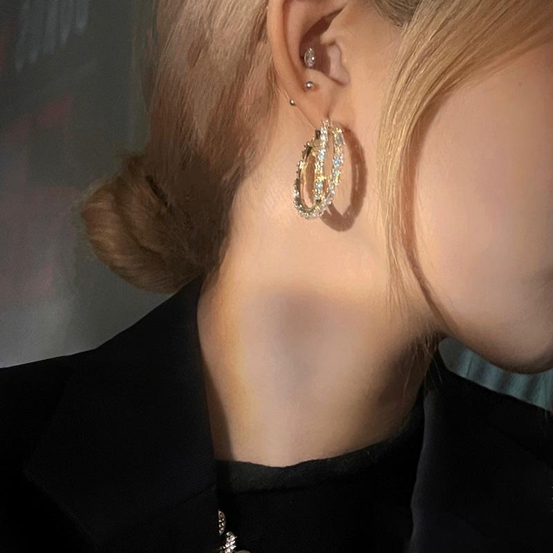 C-shaped double-layer zircon earrings light luxury fashion versatile earrings temperament advanced sense niche design earrings women