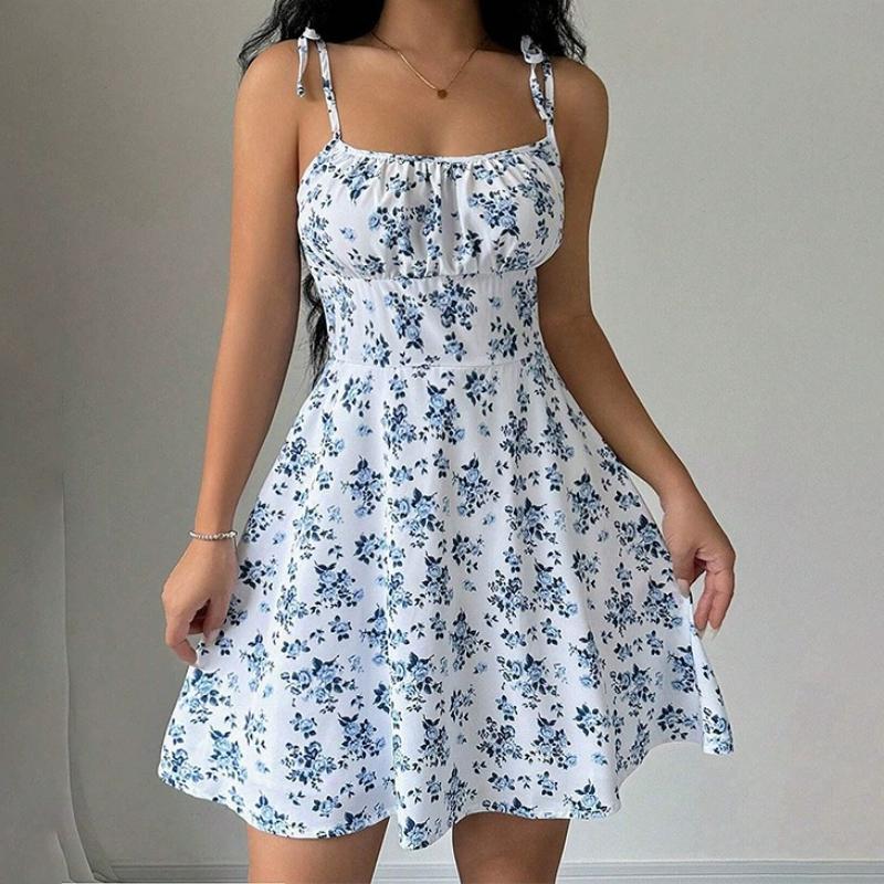 

Sweet Floral Tie Strap Cami Dress Women s Sleeveless Smocked Waist A Line Mini Sundress Casual Flowy Dress Date Night Summer Parties Outdoor Events S белый