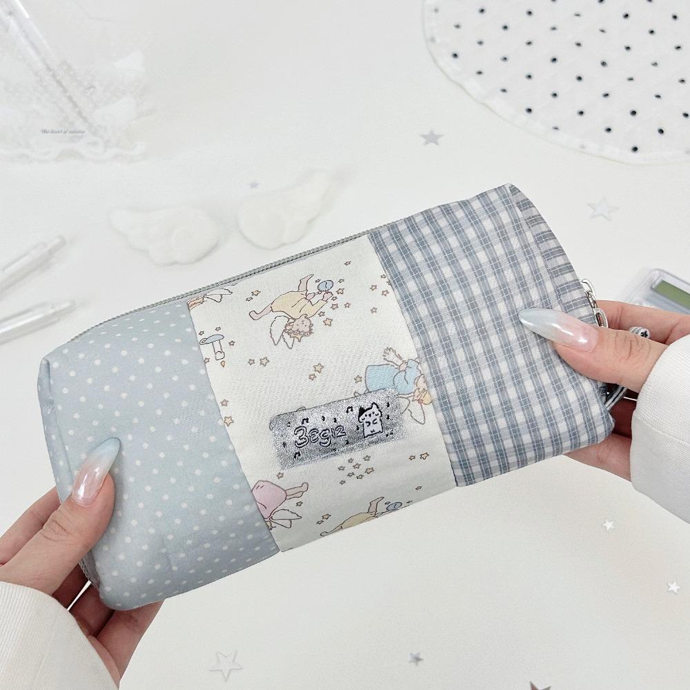 Floral Plaid Splicing Pen Bag Large Capacity Stationery Pouch Portable Pencil Case School Supplies