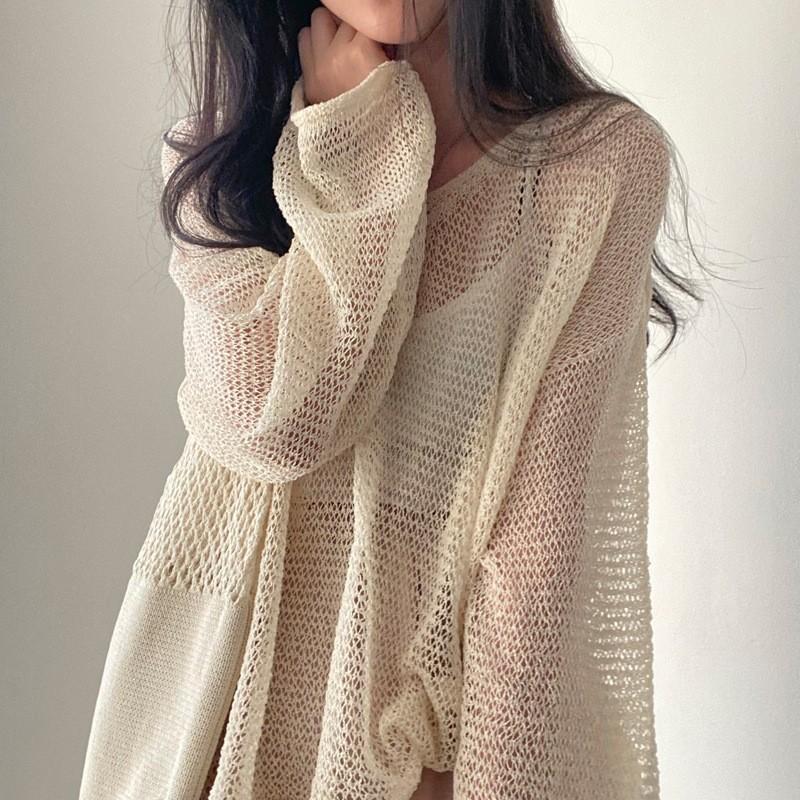 Loose Long Sleeve Hollow Thin Knitted Sun  Blouse Top For Women