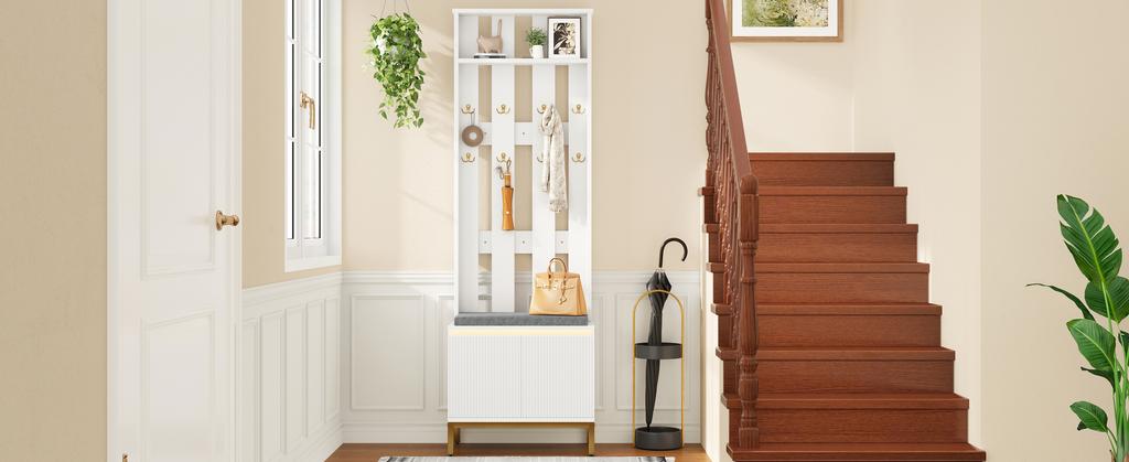 Coat Bench, White, Perforated Back Panel, 8 Golden Double Hooks, Padded Seat Bench, Wave-Front Shoe Cabinet, Height-Adjustable Shelf, LED Light Strip