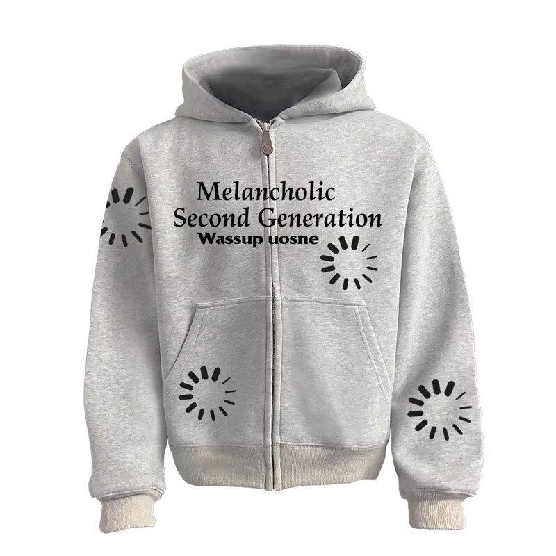 

Men s and Women s 2025 Autumn Korean Style Printed Hooded Zip-Up Cardigan M сірий колір