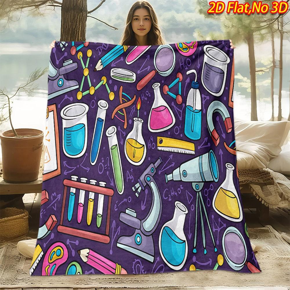 1pc 2D Flat Printing Spring And Summer New Arrival Science Experiment Instrument Theme Digital Print Blanket, All-Season Use, Casual Throw, 100% Polye