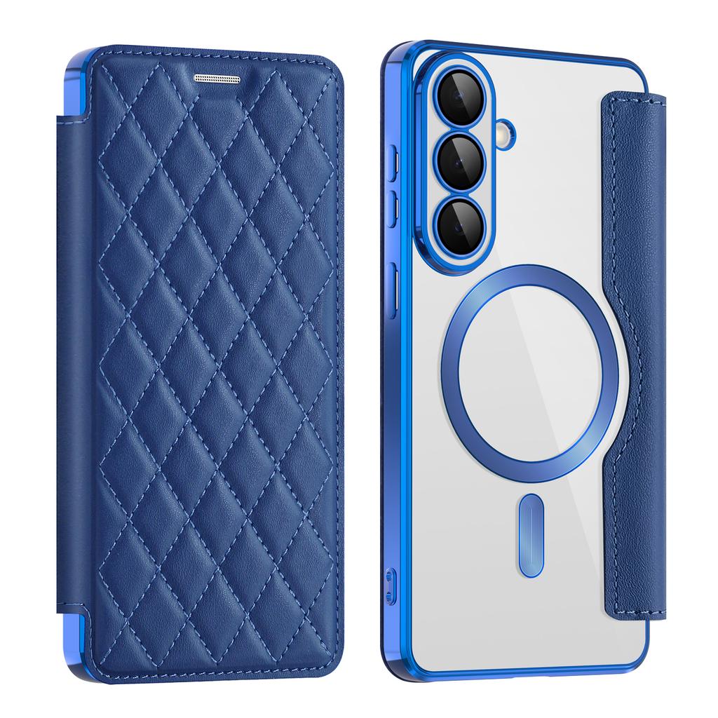 For Samsung Galaxy S26+ Magnetic Case RFID Blocking Card Holder Rhombus PU Leather Phone Cover with Lens Film