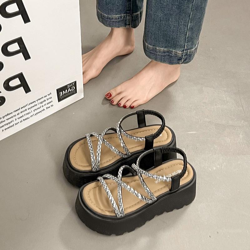 

Wear light shoes versatile soft-soled beach shoes rhinestone fairy wind platform sandals female 2025 summer new 40 чёрный