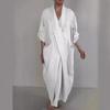 2026 Autumn Linen V-Neck Bathrobe Dress with Pockets - Solid Color, Casual, Loose, Slit Design
