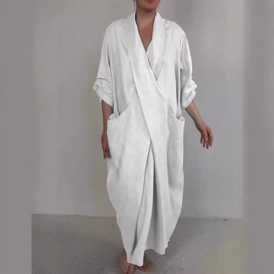 2026 Autumn Linen V-Neck Bathrobe Dress with Pockets - Solid Color, Casual, Loose, Slit Design