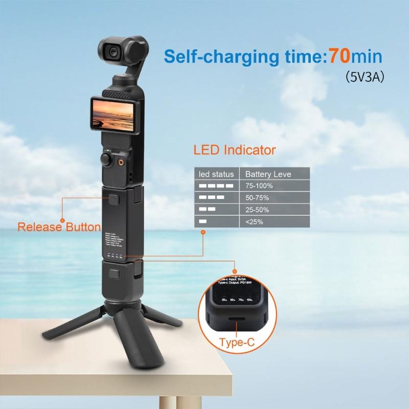 Battery Handle Powerbank Extended Runtimes Boost Hot Swap USB C Port Tripod Mount for Pocket 3 Cameras Accessory