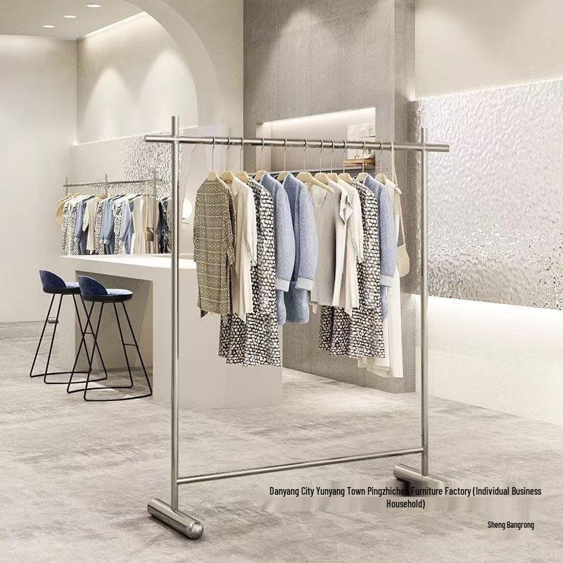Clothing Store Display Rack: Stainless Steel Minimalist Floor-Standing Rack for Men's, Women's, and Children's Apparel.