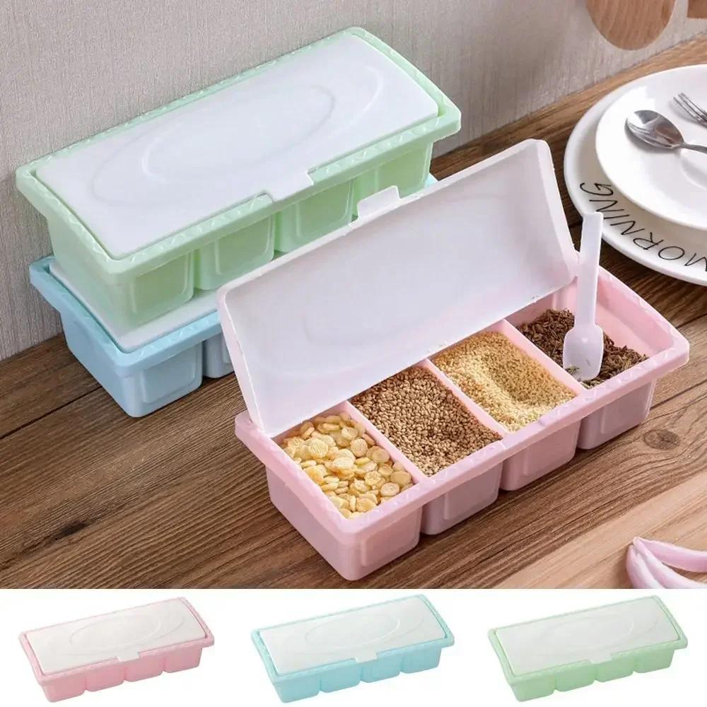 Multi-functional Plastic Seasoning Box Salt MSG Seasoning Box Kitchen Separator with Spoon with Lid Seasoning Jar Spice Jars Set