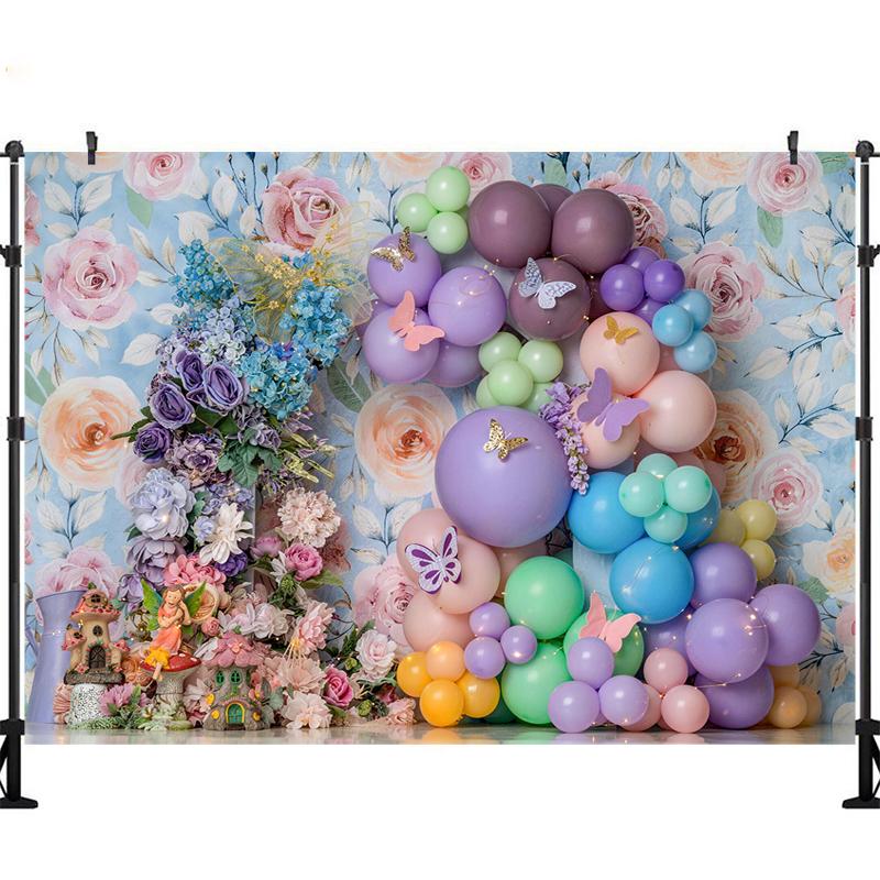 LS Colorful Purple Butterflies Garden Backdrop Kids Baby 1st Birthday Cake Smash Photocall Floral Spring Photo Props Background