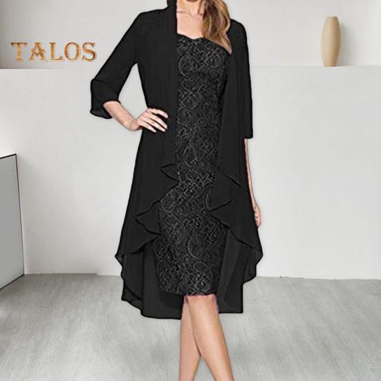 2 Teile/satz Damen Strickjacke Kleid Set Spitze Blumenstickerei O Hals Slim Fit Midikleid Dünn Unregelmäßig Dreiviertel Ärmel Mittellang Mantel Formal