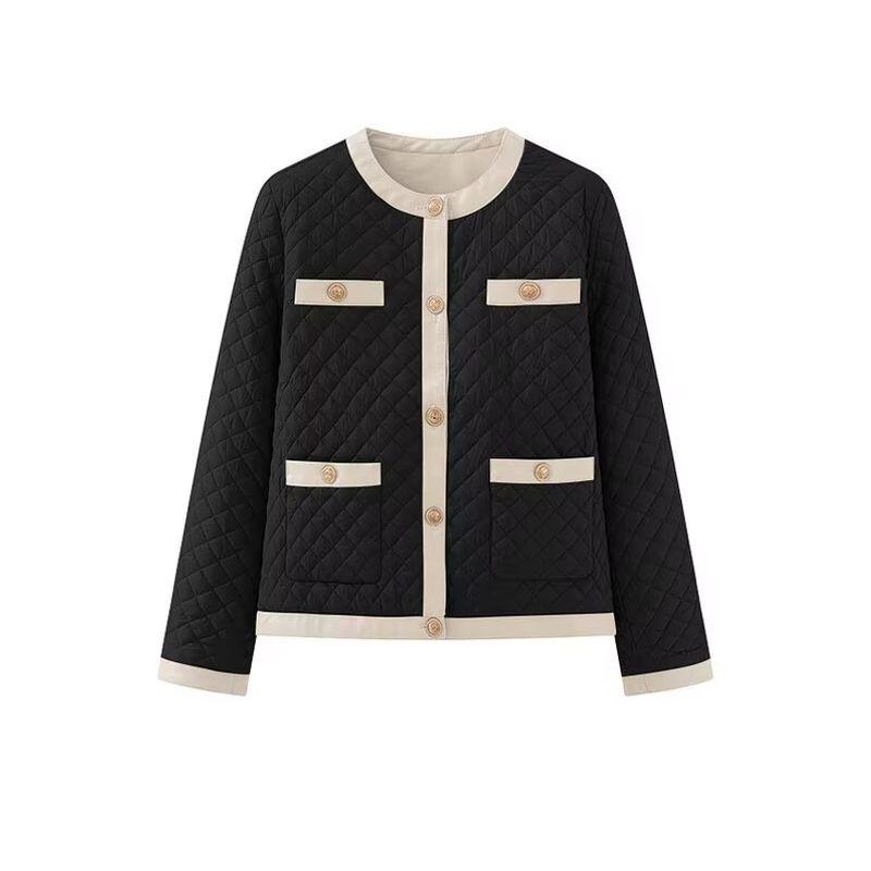 

Zbzr Autumn New Women clothes Western Style Loose High-Grade Contrast Color Rhombus Outerwear Cotton-Padded Coat Cotton-padded jacket- Black M