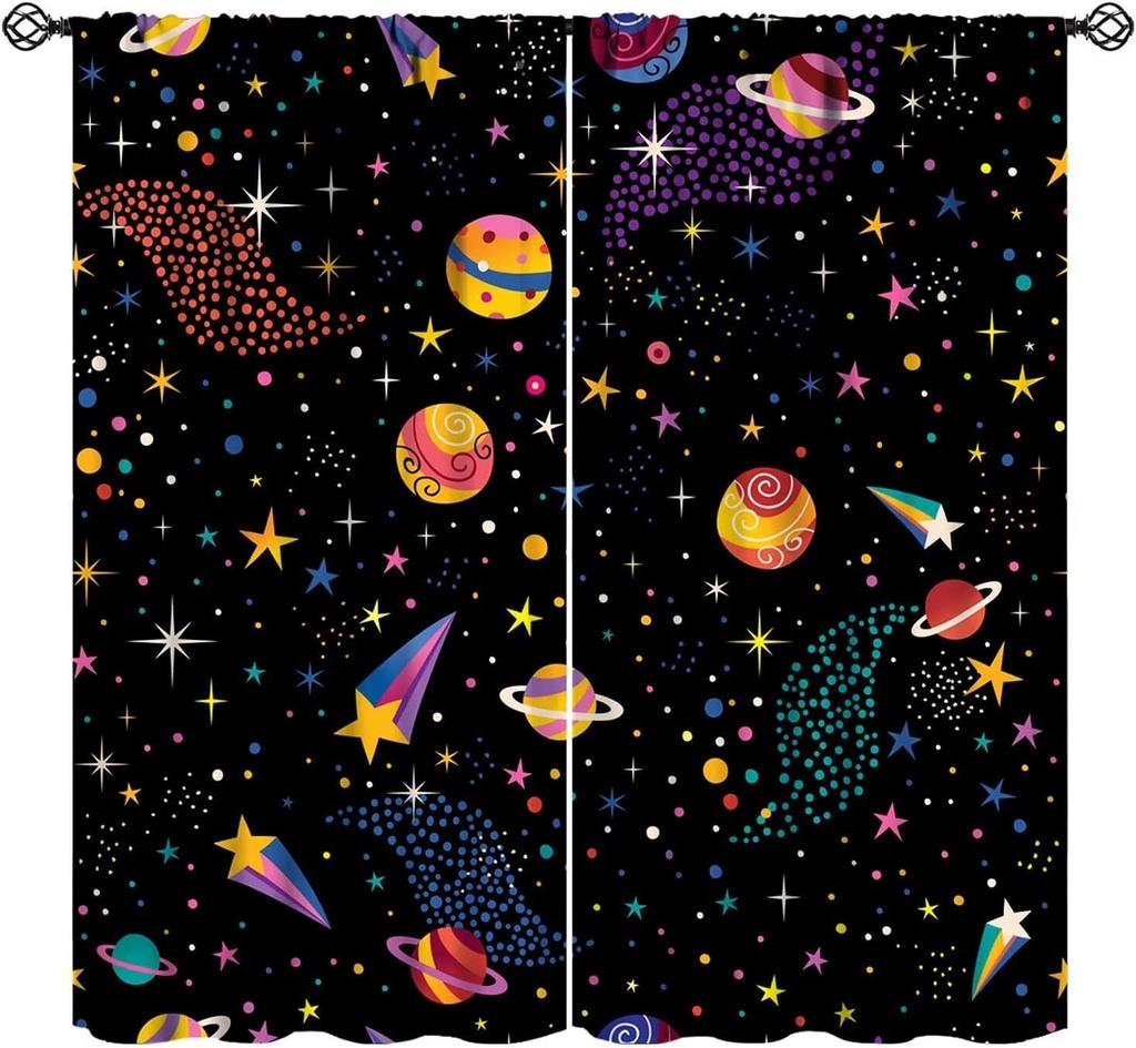 Outer Space Curtains Cartoon Astronaut Rocket Planets Stars Spaceman Universe Galaxy Print Window Kids Boys Made Of Polyester