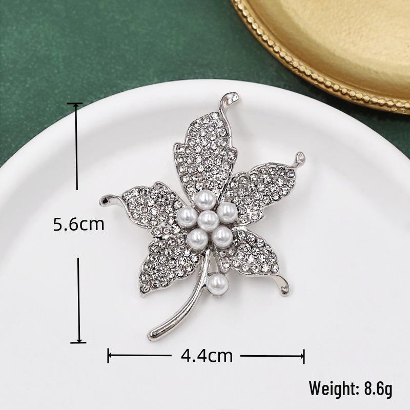 Elegant Pearl Rhinestone Maple Leaf Brooch - High-End Women's Clothing Pin and Corsage