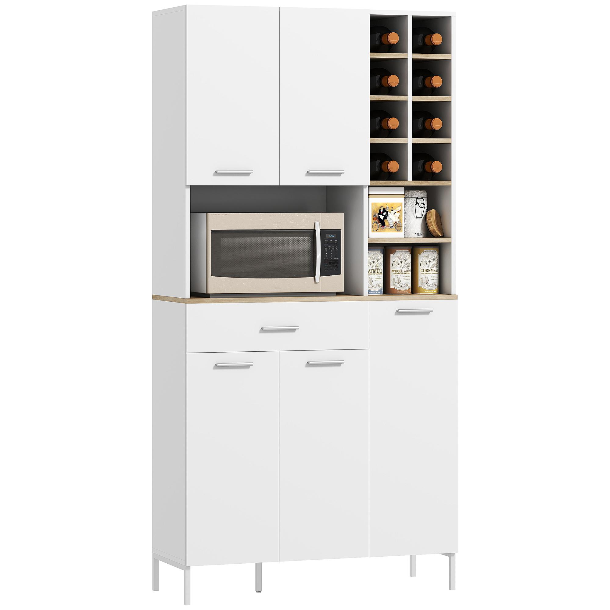 Konyhaszekrény nyitott polcokkal, rekeszekkel, bortartóval, 5 ajtós kamraszekrény, MDF, Fehér 90 x 35 x 183 cm fehér
