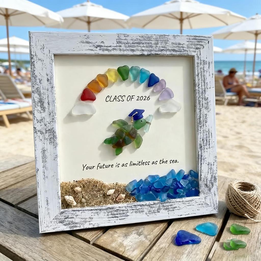 Sea Glass Graduation Frame Decor Class of 2026 Keepsake Gift Sea Glass Wall Art for Home Decoration Bookshelf Office