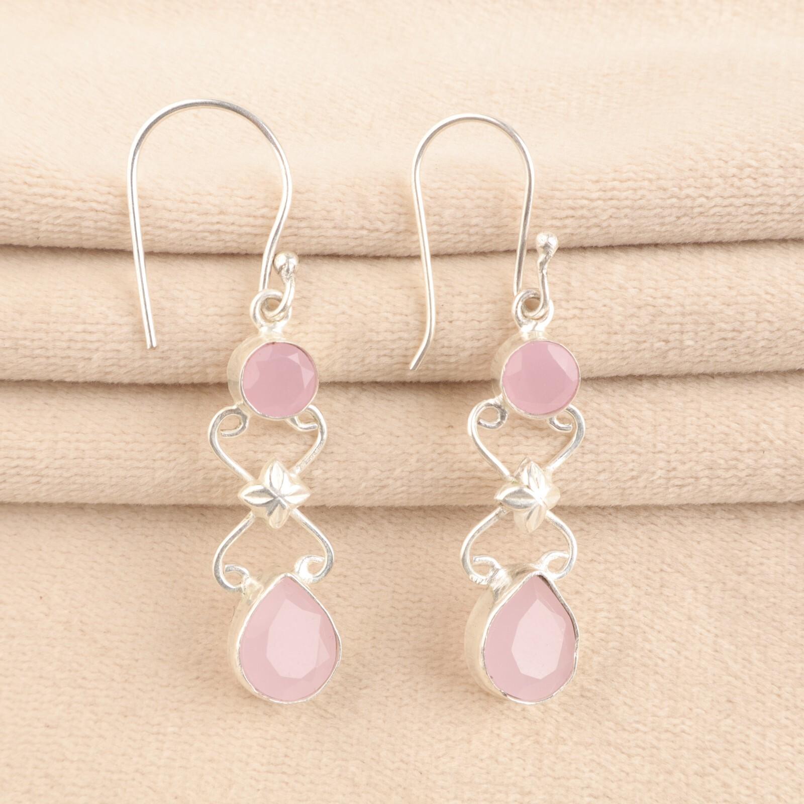 

Натуральный Розовый Халцедон Драгоценный Камень Серебро 925 пробы Ювелирные Изделия Ручной Работы Серьги 2 EE-156-16