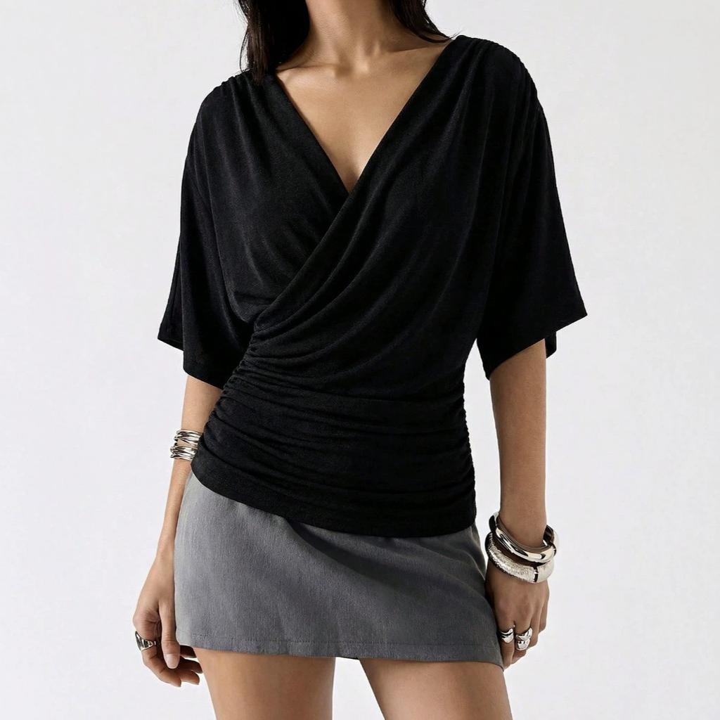 European and American new cross V-neck top, waist minimalist solid color short light commuter and thin bottoming shirt
