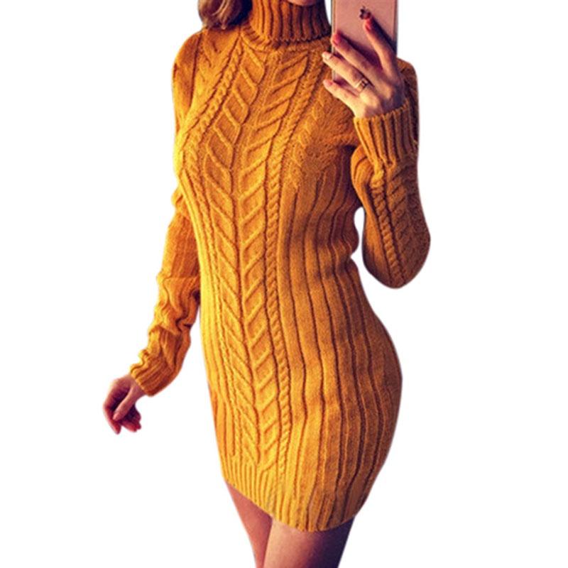 Winter And Autumn Fashion Long Sleeve High Collar Twist Slim Sweater Dress
