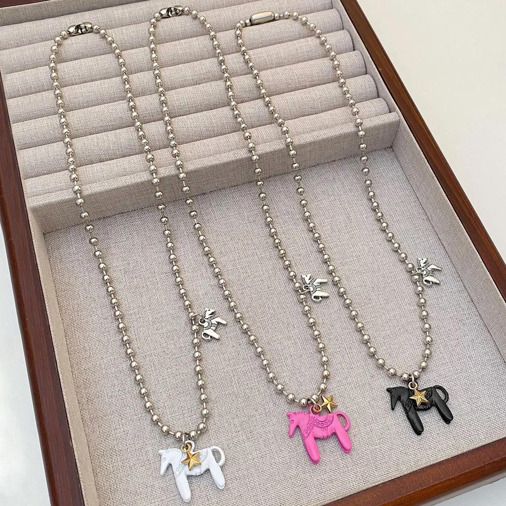 Funny Cute White Black Pink Color Enamel Colt Horse Pendant Necklaces for Women Alloy Beads Chain Chokers Fashion Jewelry