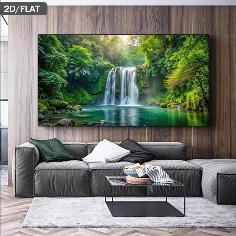 One Oversized Modern Minimalist Canvas Painting - Frameless Lush Green Forest Waterfall Wall Art Poster -