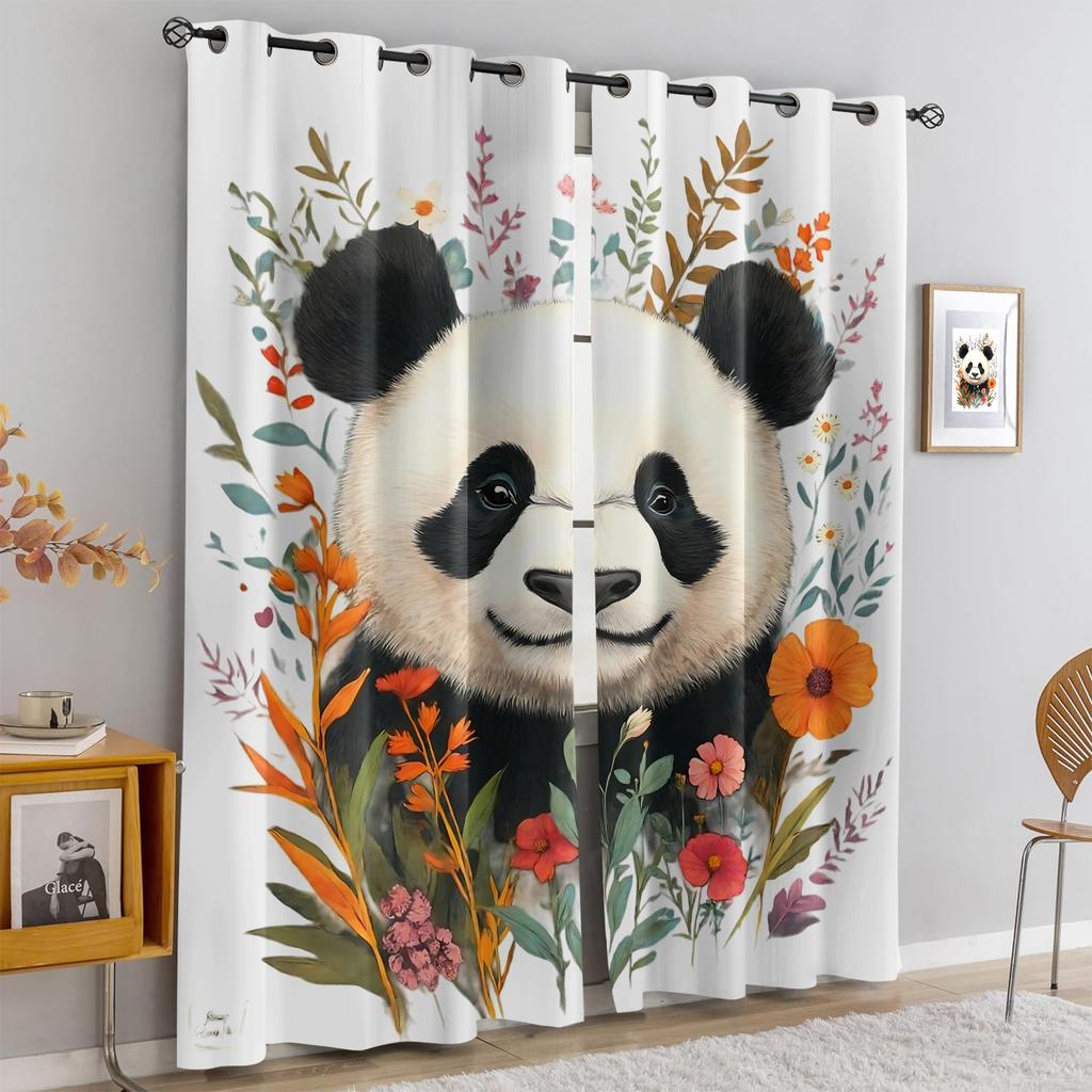Vintage Watercolor Floral Giant Panda Full Print Window Curtains Grommet Top Nature Style Decorative Curtains