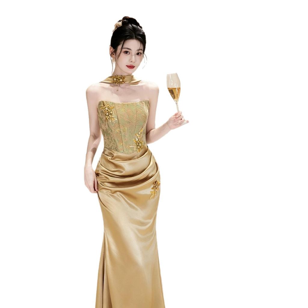 New Chinese champagne bridal wedding toast morning robe new tube top engagement national style light luxury evening dress