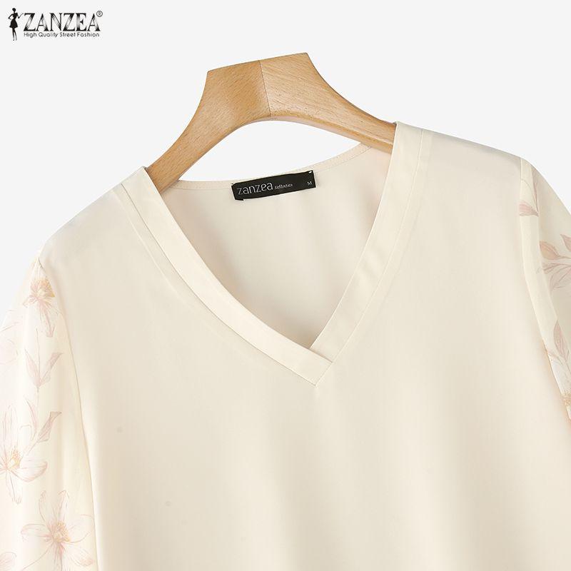 ZANZEA Women Casual Print Splice Short Sleeve Loose V-Neck Blouse