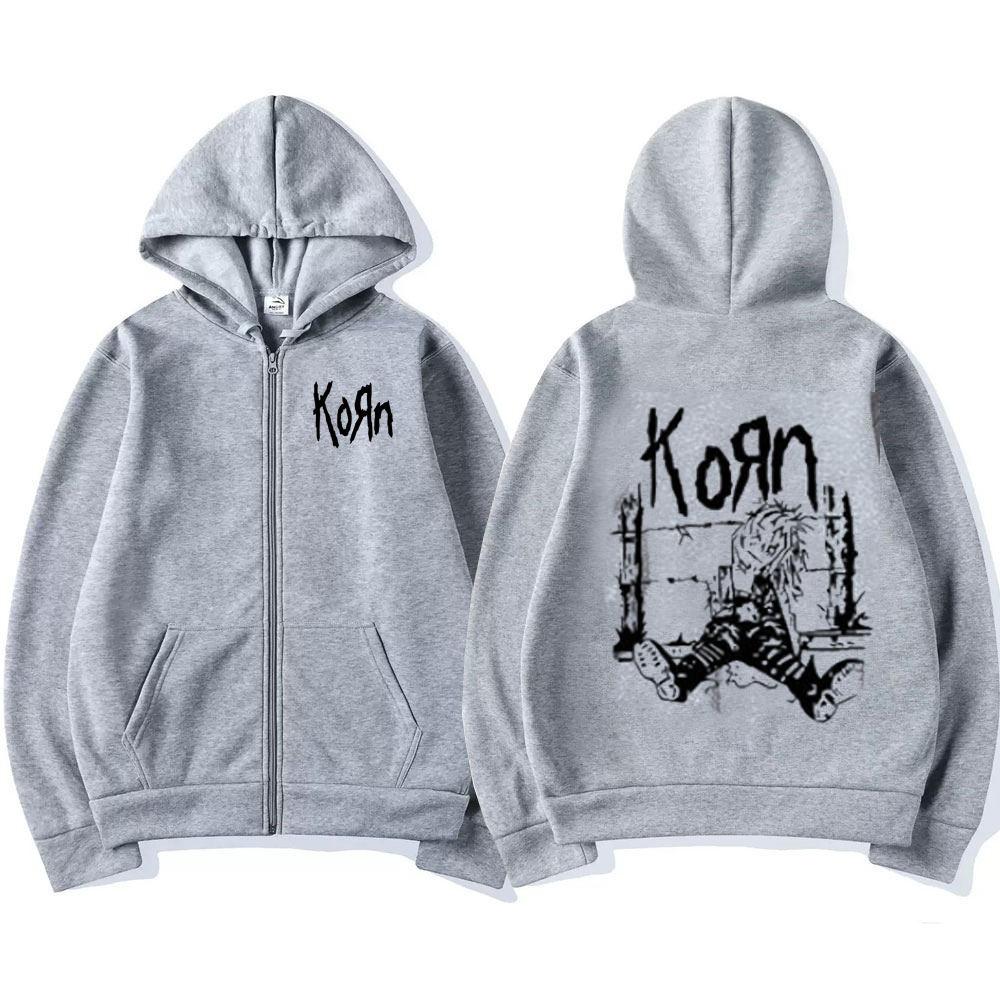 Korn Rock Band WORLD TOUR Reißverschlussjacken Metal Music Herren Hoodies Übergroße Hip Hop Streetwear Reißverschluss Sweatshirts Punk Y2K Tops