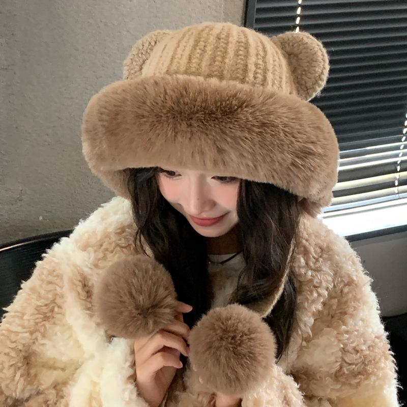 Autumn and Winter Hat Women's Fashion Plush Hat Bear Ears Cold Protection Ear Protection Fleece Thermal Hat