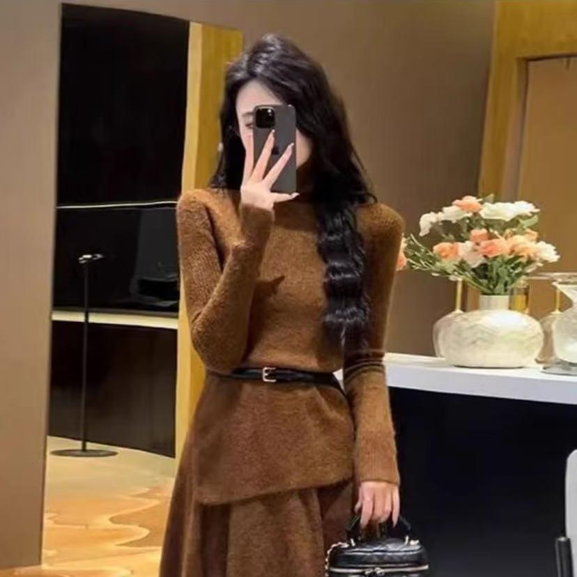 

Elegant Plus Size Women s French Style Knit Top & High-Waisted Wool Skirt Set Caramel Knit Top [Single Piece/Includ. Belt]