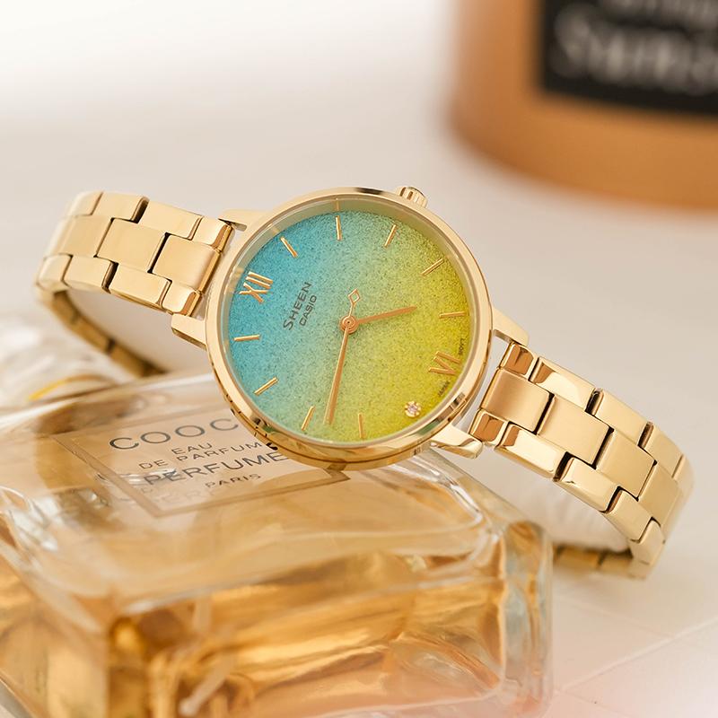 Casio SHEEN Universe Starry Sky Theme Fashion Simple and Light Hands Quartz Movement Steel Strap Japanese and Korean Watch Women's SHE-4548G-2AUPR