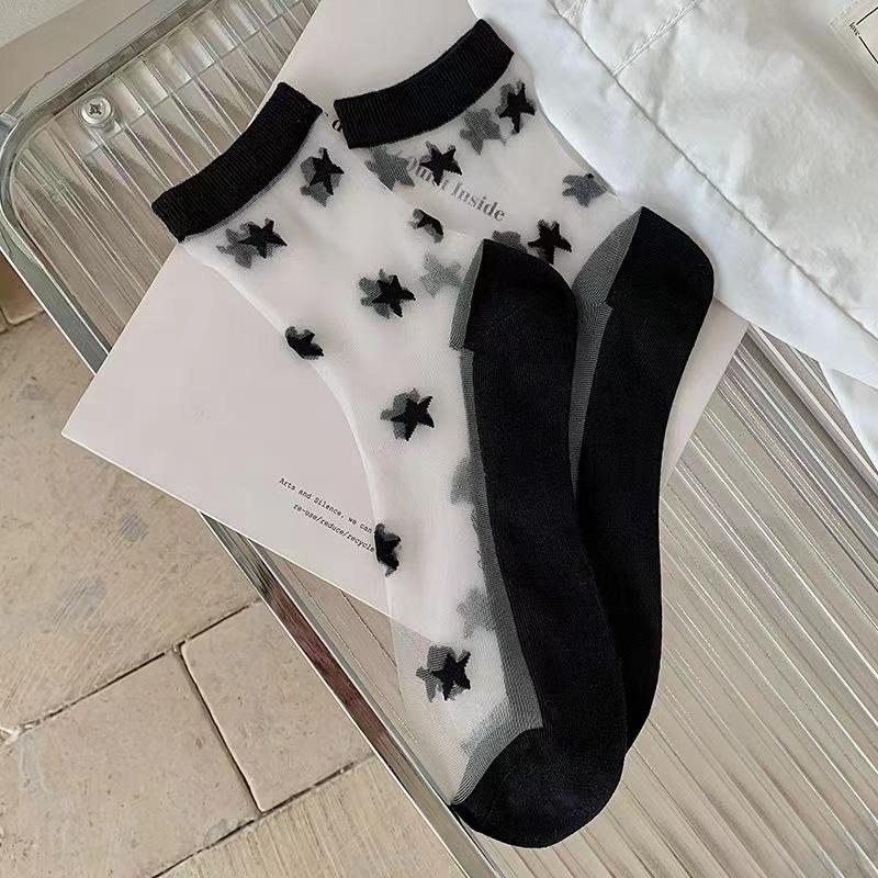 Frühlings- und Sommerdünne Transparente Glasfasersocken, Damen-Mittelwadensocken, Lächelnd, Niedliche und Atmungsaktive Baumwollsocken für Studentenfüße
