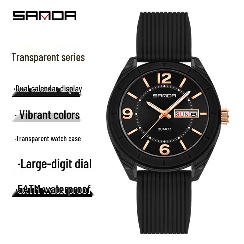 SANDA Student Quartz Watch: Luminous, Dual Calendar, 50m Waterproof, Ideal for Exams.
