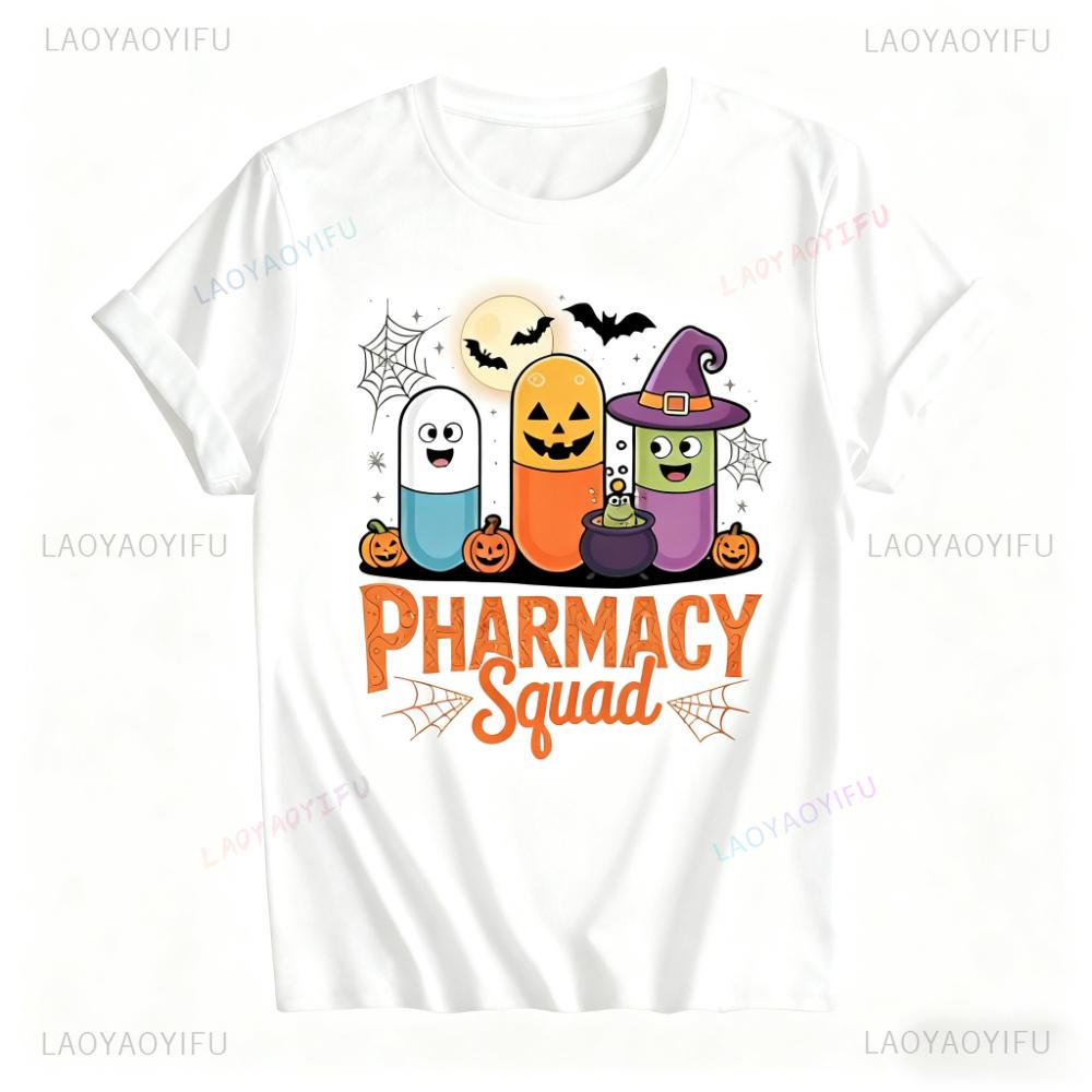 Pharmacy Squad Shirt Halloween Pill Graphic Tee Spooky Pharmacist TShirt Funny Gift for Pharmacy Lovers Unisex Women Casual Tops S
