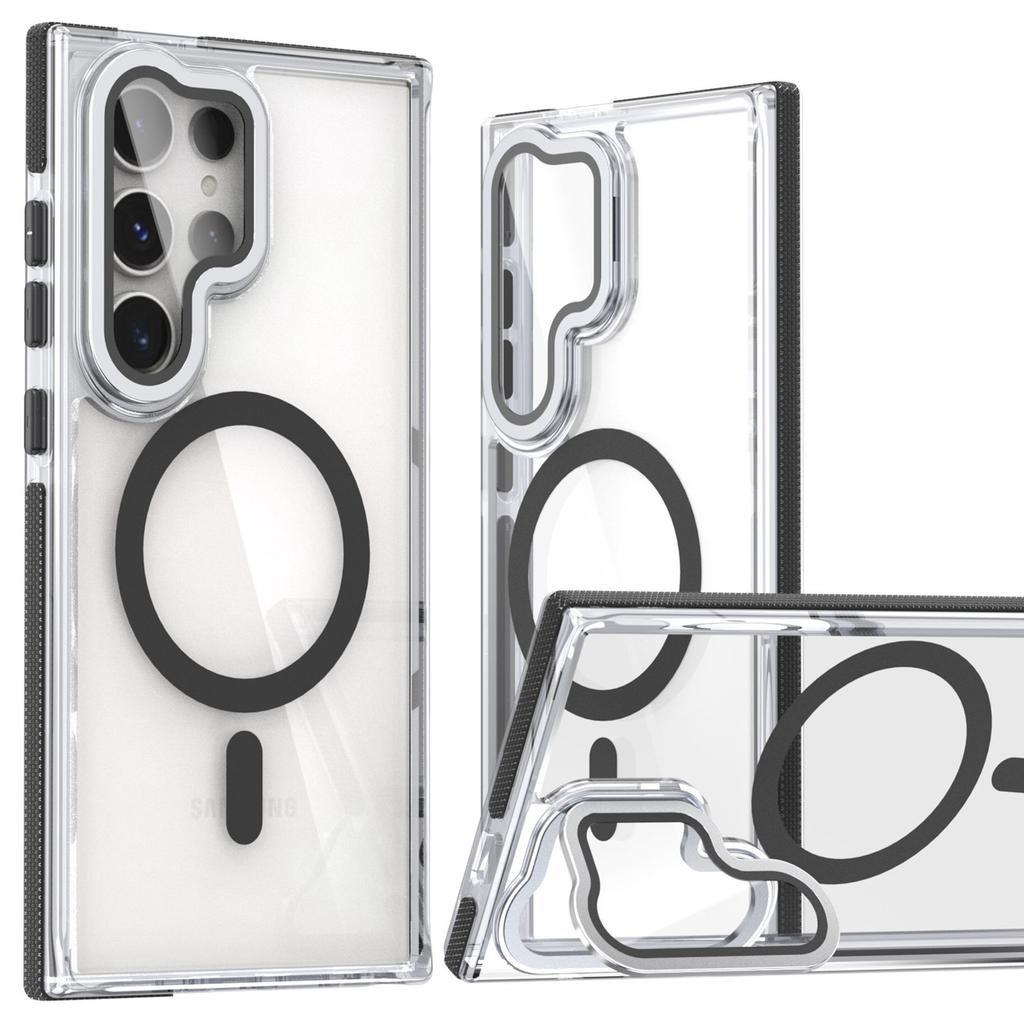For Samsung Galaxy S24 Ultra Magnetic Case TPU Acrylic Clear Phone Back Cover with Lens Protector Kickstand