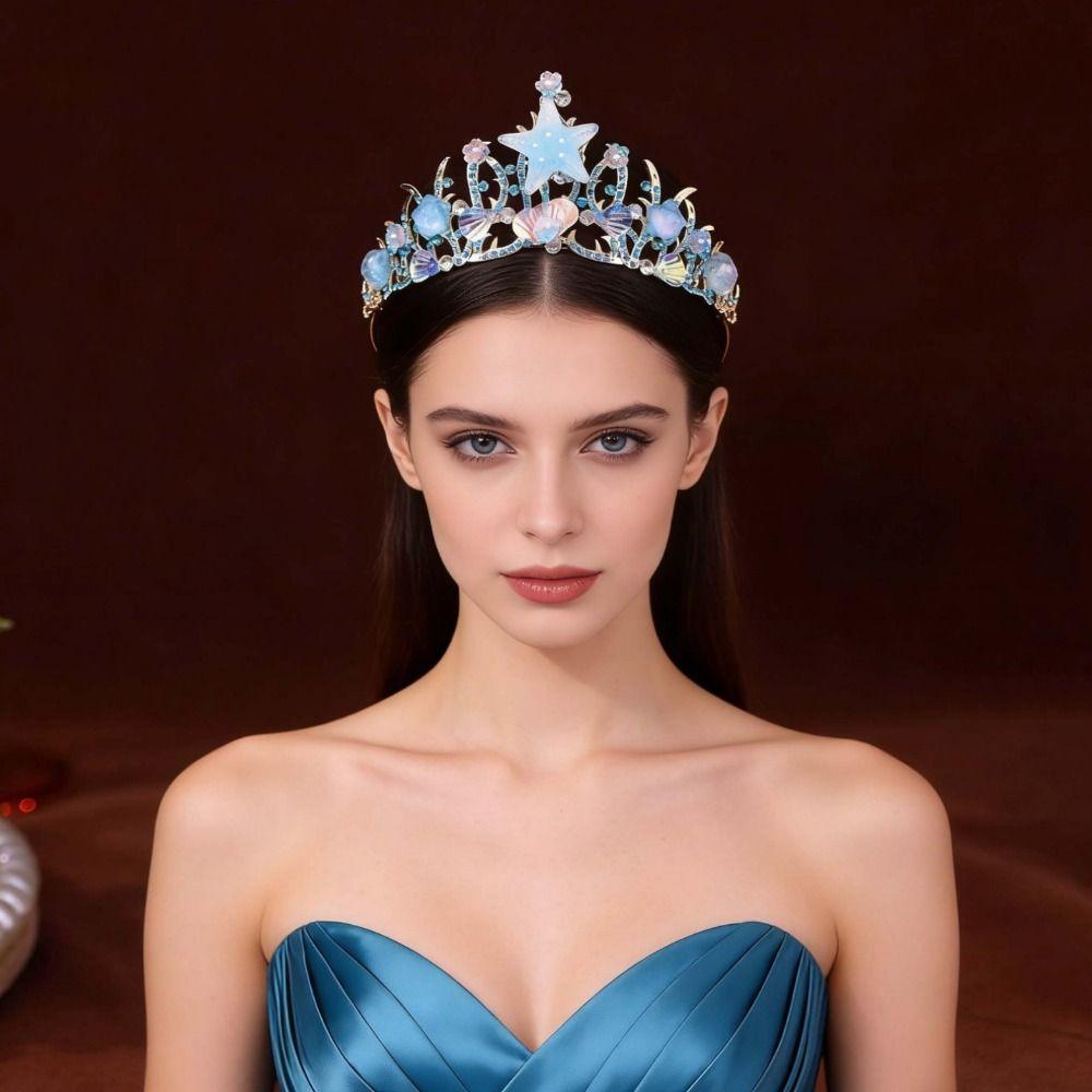 Sparkling Stars Crystal Shell Mermaid Sea Star Crown Tiara Headband Hair Accessories Handmade Bridal Crown