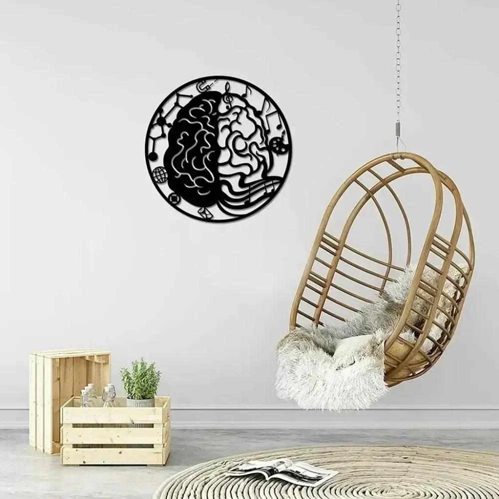 1pc Left and Right Brain Science Metal Wall Art Round 24" Black Iron Sculpture Decor Modern Home Wall Room Decoration