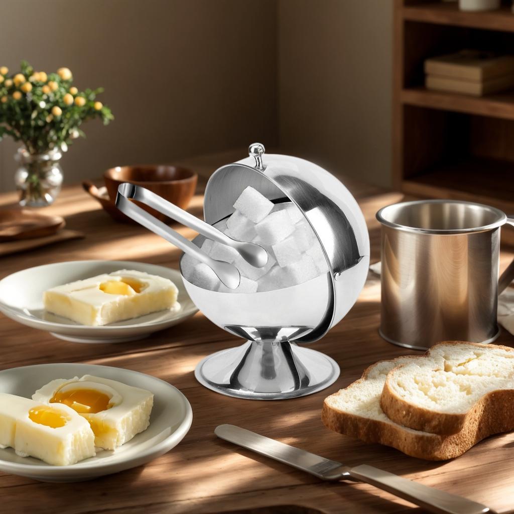 Practical Spherical Sugar Holder with Stainless Steel Clip Snacks Serving Bowl Rustproof Spices Jar Kitchen Tool