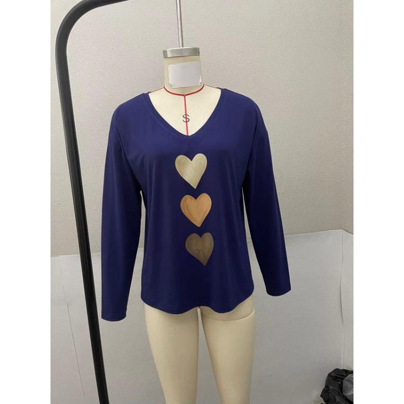Women Casual Comfortable V Neck Long Sleeve Heart Print T Shirt