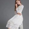 2025 Fall European & American Women's Lace Slim Midi Dress with Hollow Round Neck & Long Sleeves