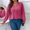 2026 Autumn/Winter V-Neck Plus Size Women's Hooded Ribbed Long Sleeve T-Shirt