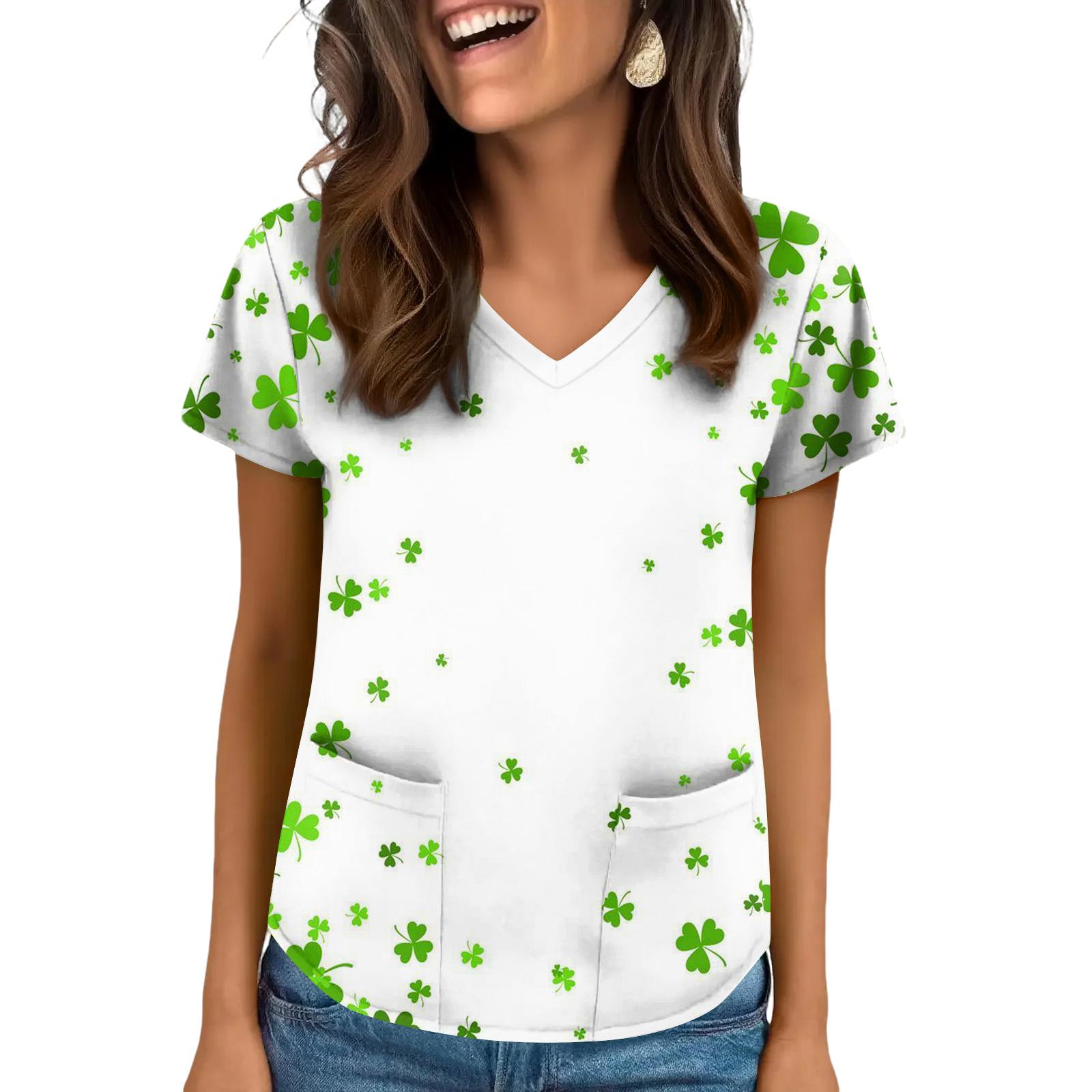 

Women s V-Neck Saint Patrick s Day Print Short-Sleeve Pocket Side-Slit Top XXL зелений