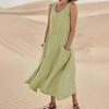 Summer Sleeveless Pocket Dress Cotton Linen Blend European American Style 19 Colors