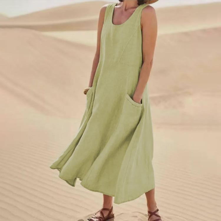 Summer Sleeveless Pocket Dress Cotton Linen Blend European American Style 19 Colors
