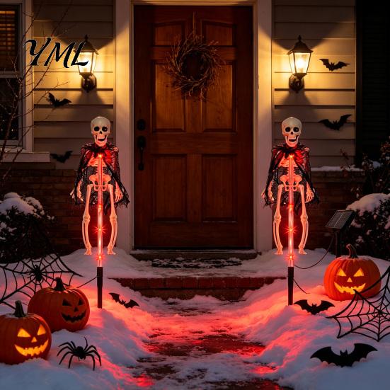 Outdoor Spooky Garden Ornament Solar Halloween Bat Lights, Realistic Skeleton Pathway Decor, Waterproof LED Strange Green Light Props Stake