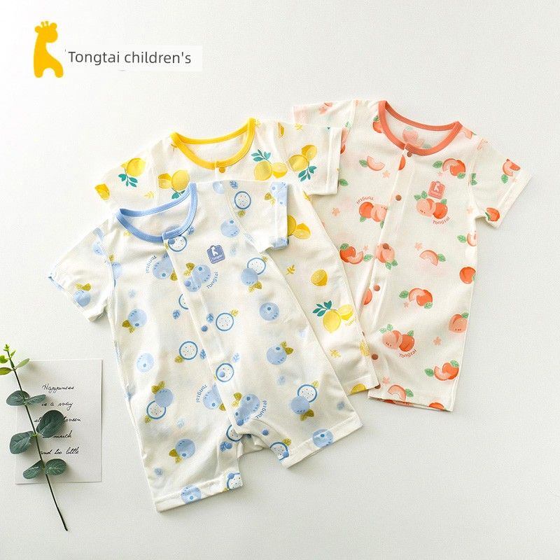 Tongtai Summer Baby Short-Sleeve Closed-Crotch Romper for Boys and Girls, 3-18 Months, Front-Opening Jumpsuit
