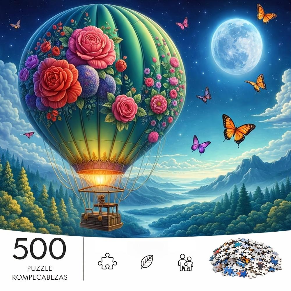 500pcs Puzzle Game - Enhances Endurance and Logical Thinking - Exquisite Jigsaw Puzzle - (Hot Air Balloon Flying Over Forested Mountains on a Moonlit