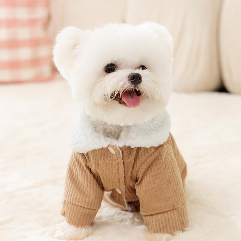 Dog Clothes Corduroy Thickened Warm Two-legged Cotton-padded Clothes Small Dog Teddy Bigbear Can Lead Pet Dog Clothing